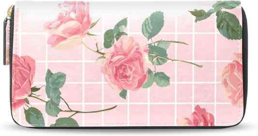 HOTWomens Long Leather Wallet Zip Around Clutch Purse Large Capacity Card Holder Organizer Pink Grid Roses