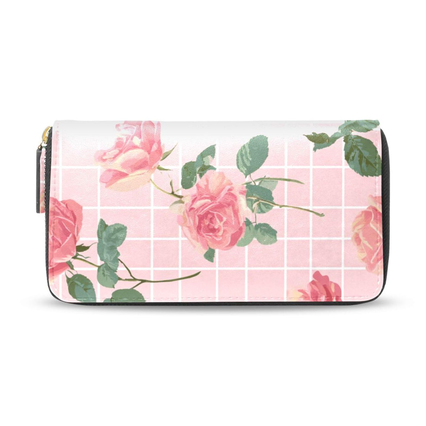 HOTWomens Long Leather Wallet Zip Around Clutch Purse Large Capacity Card Holder Organizer Pink Grid Roses