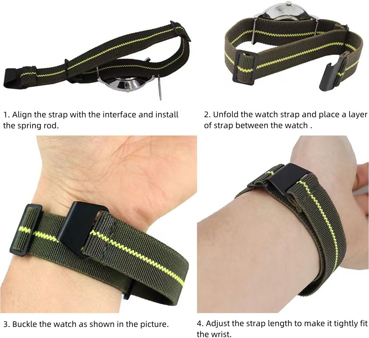 HOTFrench Troops Paratrooper Watchband,Military Elastic Nylon Watch Strap with Hook-and-Loop for Men Women Silver & Black Buckle 18/20/22mm