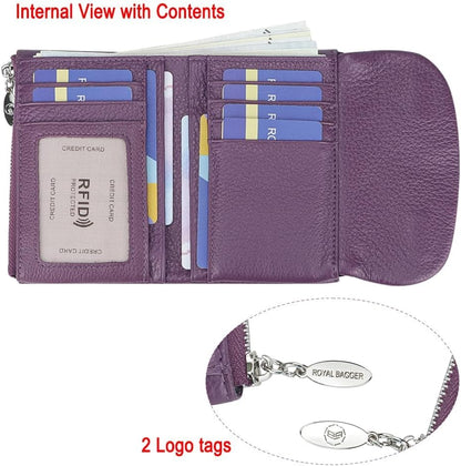 HOTRoyal Bagger RFID Blocking Women's Short Wallet Genuine Cow Leather Multi-card Slots Card Holder Trifold Purse Magnetic Opening 2063 (Purple)