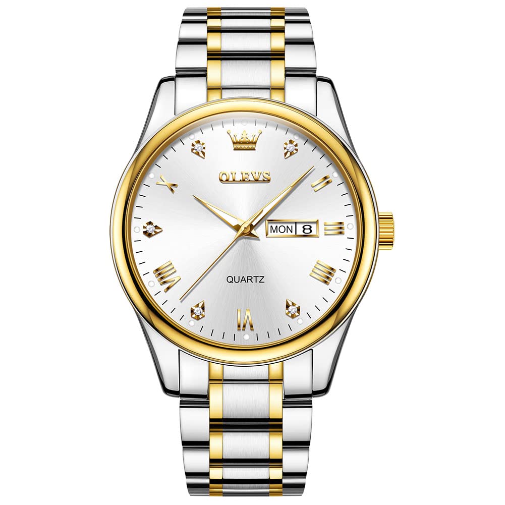 HOTOLEVS Men's Casual Stainless Steel Watch, Big Face Easy to Read Analog Quartz Watch with Day and Date, Classic Waterproof Diamond Roman Arabic Numeral Dial Dress Watch for Men, Gold Silver Black Band