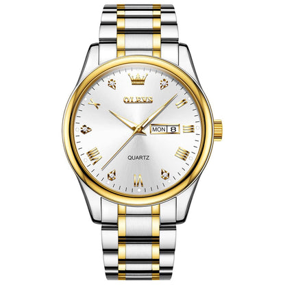 HOTOLEVS Men's Casual Stainless Steel Watch, Big Face Easy to Read Analog Quartz Watch with Day and Date, Classic Waterproof Diamond Roman Arabic Numeral Dial Dress Watch for Men, Gold Silver Black Band