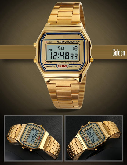 HOTPASOY Men's Digital Gold Stainless Steel Watch Backlit Multifunction Stopwatch Waterproof Sport Watches