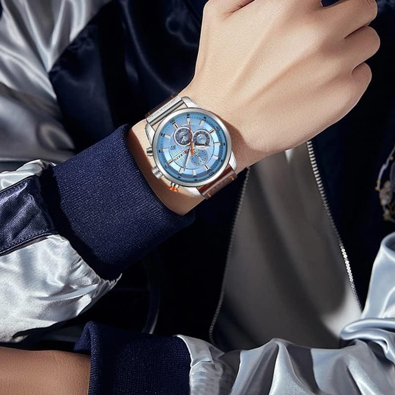 HOTFANMIS Mens Sport Military Analog Quartz Watch Chronograph Classic Casual Business Dress Waterproof Watch Multifunctional Wristwatch with Leather Strap