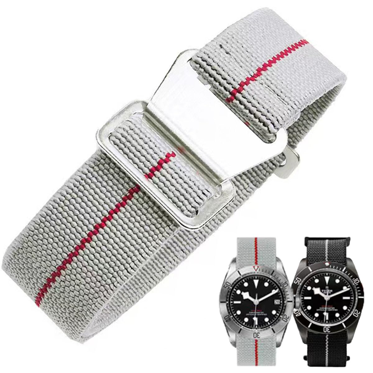 HOTFrench Troops Paratrooper Watchband,Military Elastic Nylon Watch Strap with Hook-and-Loop for Men Women Silver & Black Buckle 18/20/22mm