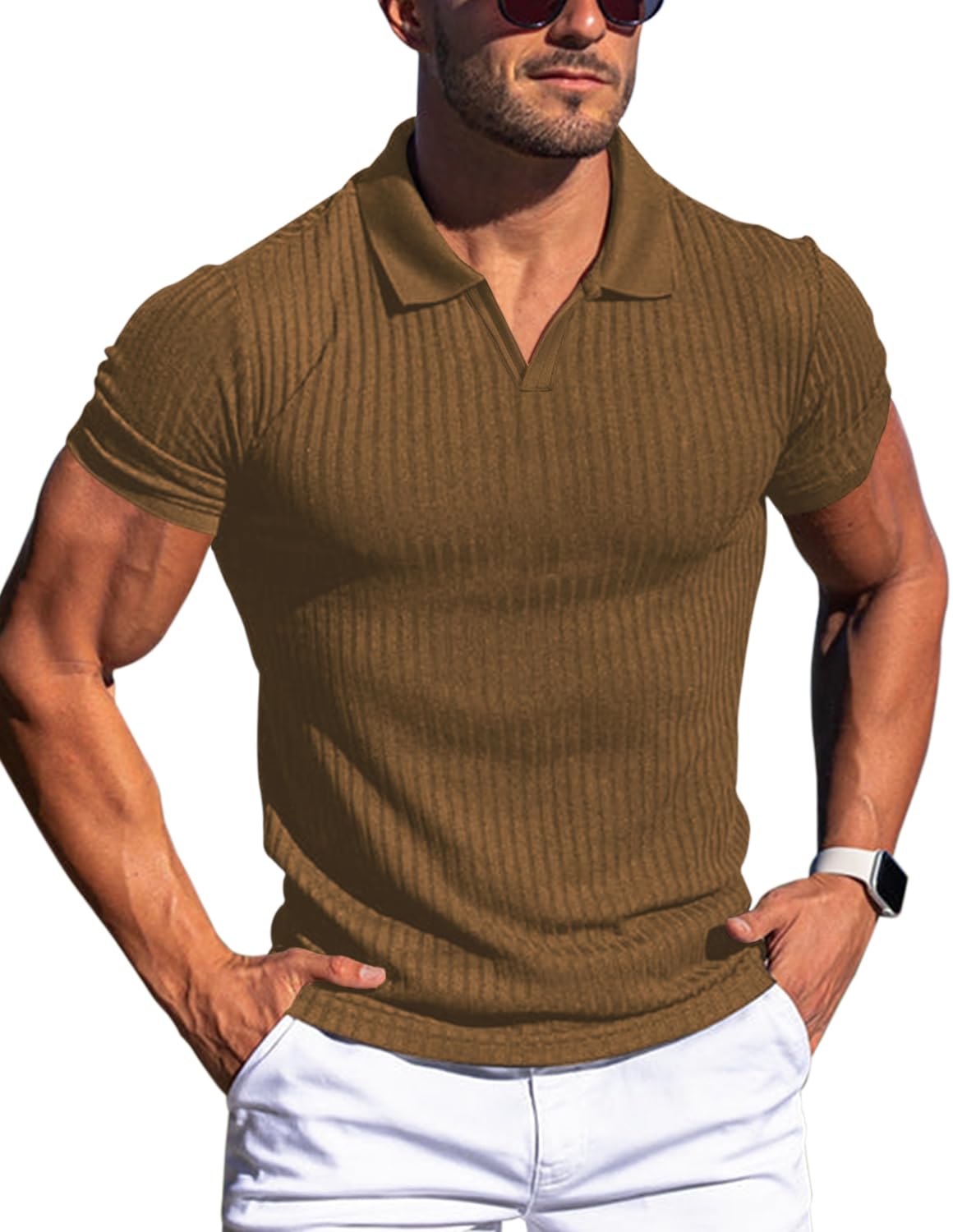 HOTMen's Muscle V Neck Polo Shirts Slim Fit Short Long Sleeve Cotton Golf T-Shirts Ribbed Knit Soft Tees