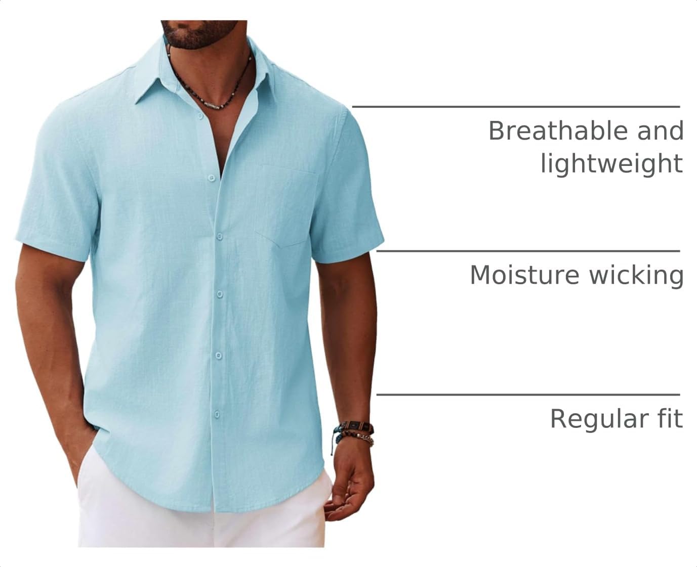 HOTCOOFANDY Men's Button Down Short Sleeve Shirt Casual Cotton Summer Beach Linen Wedding Shirts with Pocket