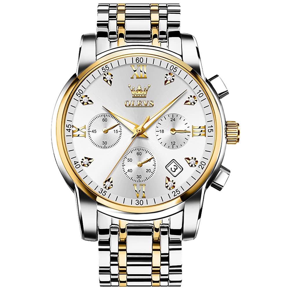 HOTOLEVS Men's Stainless Steel Chronograph Watch, Big Face Gold Silver Black Tone Easy to Read Analog Quartz Watch, Luxury Waterproof Date Diamond Roman Arabic Numerals Dial Dress Watch for Men