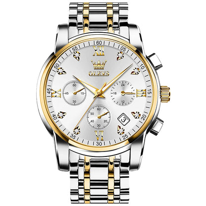 HOTOLEVS Men's Stainless Steel Chronograph Watch, Big Face Gold Silver Black Tone Easy to Read Analog Quartz Watch, Luxury Waterproof Date Diamond Roman Arabic Numerals Dial Dress Watch for Men