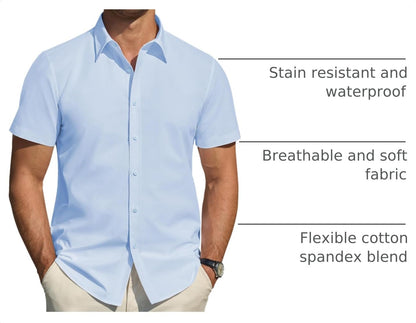 HOTJ.VER Men's Short Sleeve Dress Shirts Stretch Stain Shield Casual Button Down Shirts Solid Formal Shirt