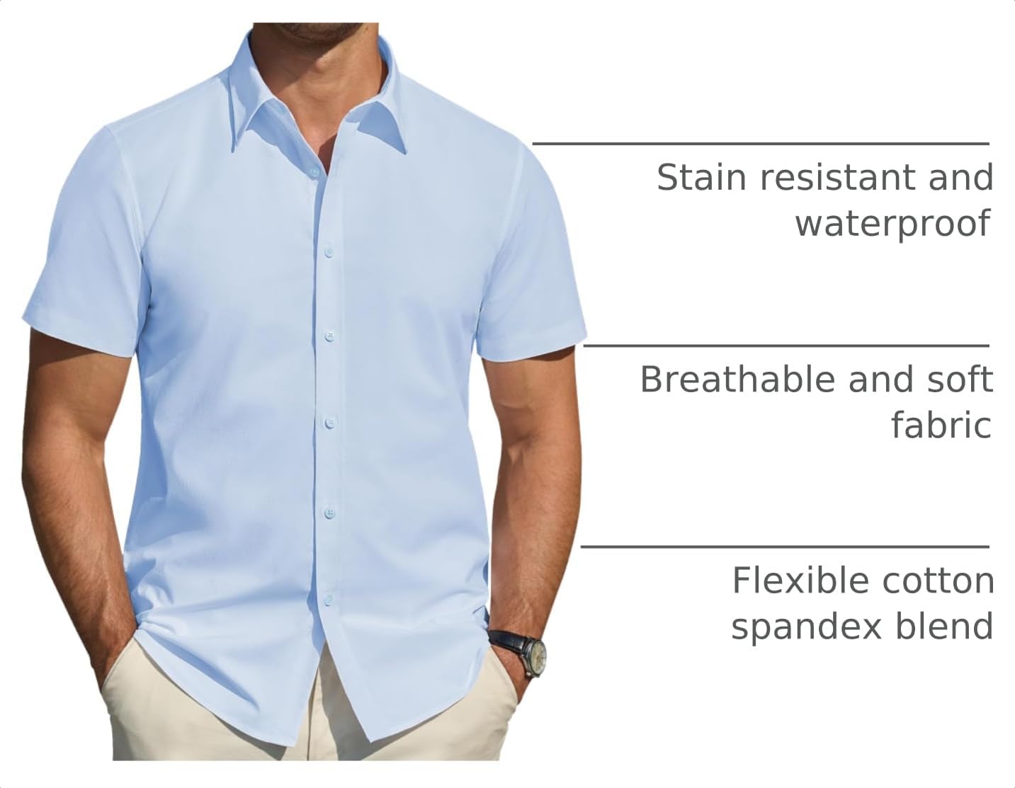 HOTJ.VER Men's Short Sleeve Dress Shirts Stretch Stain Shield Casual Button Down Shirts Solid Formal Shirt