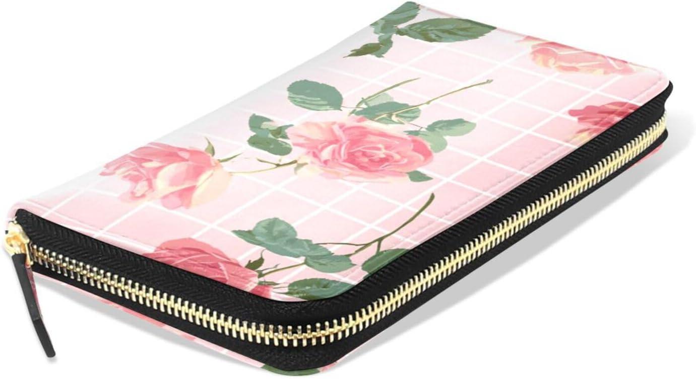 HOTWomens Long Leather Wallet Zip Around Clutch Purse Large Capacity Card Holder Organizer Pink Grid Roses