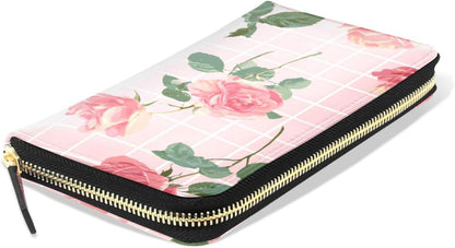 HOTWomens Long Leather Wallet Zip Around Clutch Purse Large Capacity Card Holder Organizer Pink Grid Roses