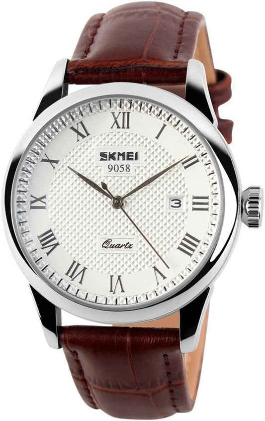 HOTSKMEI Business Men’s Quartz Wristwatches Roman Numeral Leather Band Casual Water Resist Analog Watches