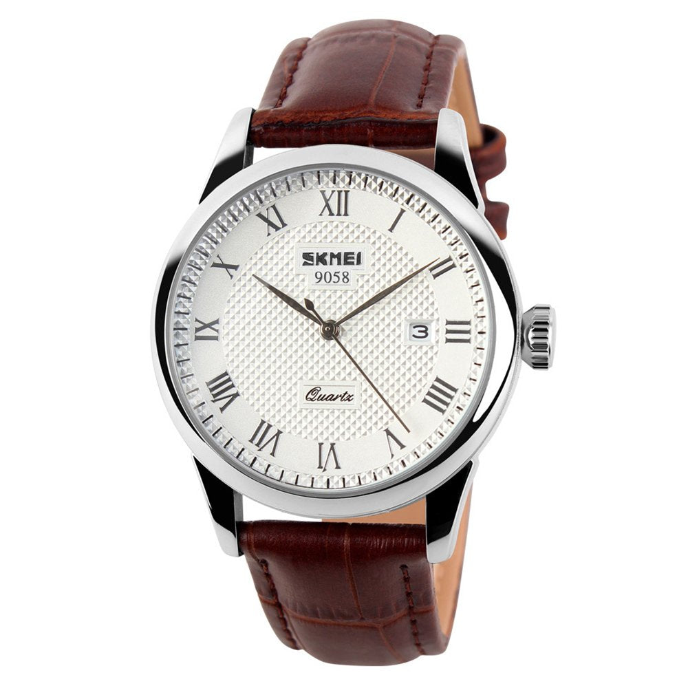 HOTSKMEI Business Men’s Quartz Wristwatches Roman Numeral Leather Band Casual Water Resist Analog Watches
