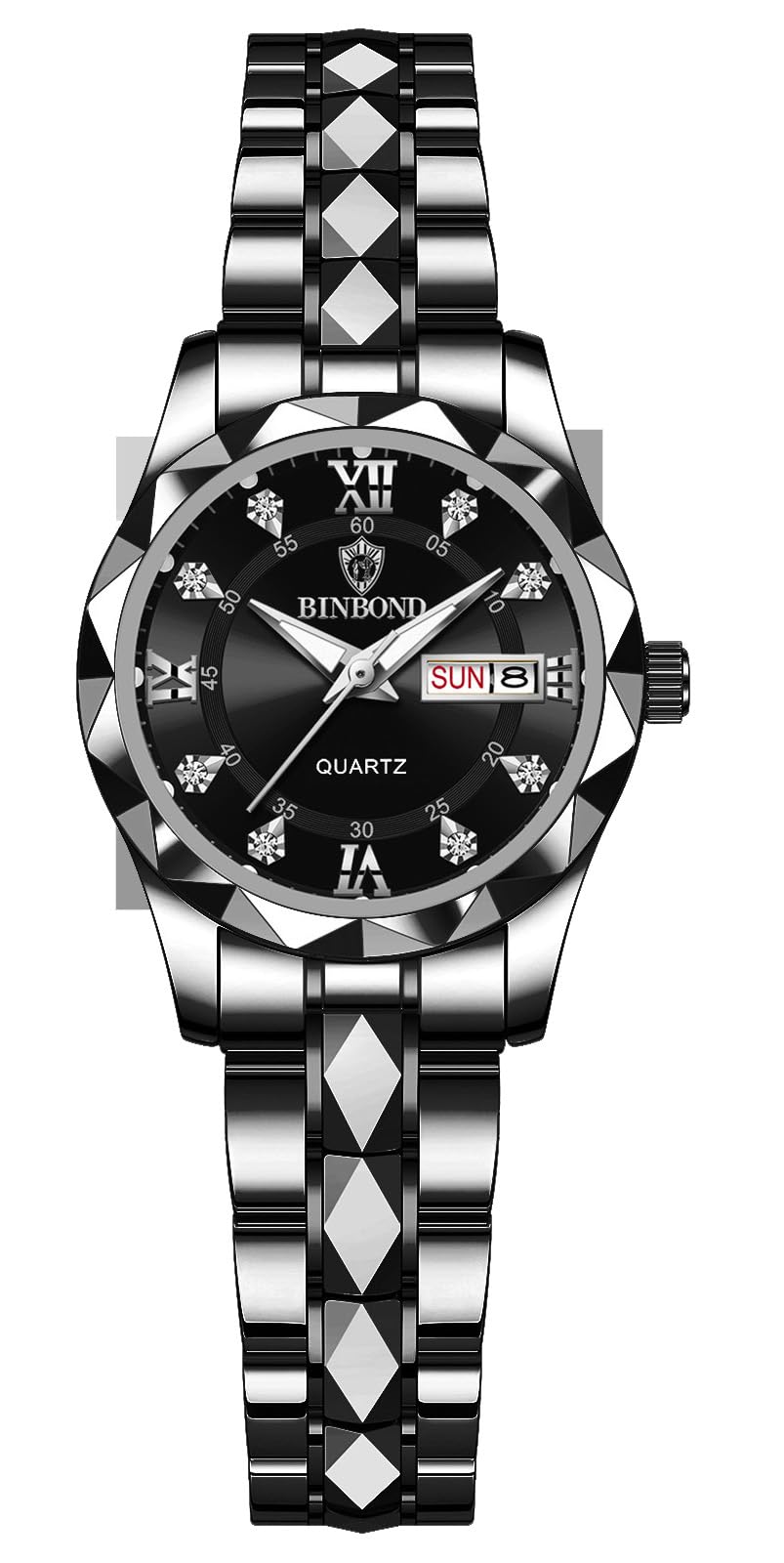 HOTGosasa Luxury Men's and Women's Business Diamond Stainless Steel Waterproof Roman Numeral Analog Quartz Watch with Day-Date Calendar, Gold and Silver Tone