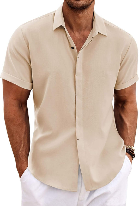 HOTCOOFANDY Men's Linen Shirts Short Sleeve Casual Shirts Button Down Shirt for Men Beach Summer Wedding Shirt