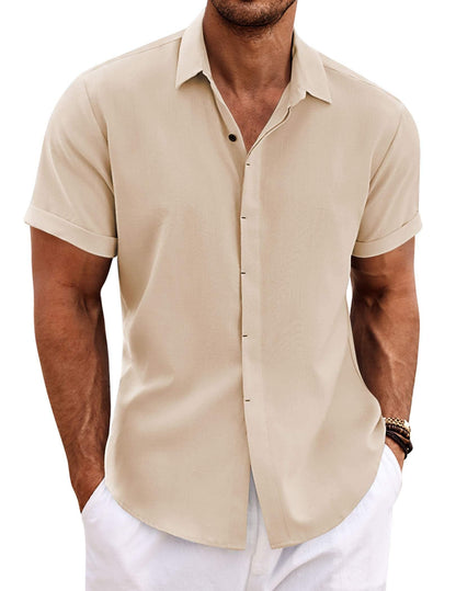 HOTCOOFANDY Men's Linen Shirts Short Sleeve Casual Shirts Button Down Shirt for Men Beach Summer Wedding Shirt