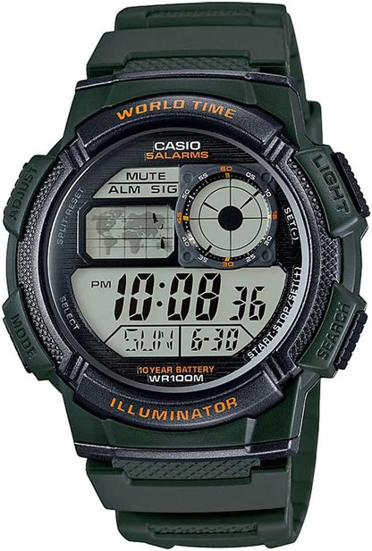 HOTCasio AE1000W Series | Men’s Digital Watch | 100M WR | Multi Alarms | 100 SEC Stopwatch | Countdown Timer | World Map for World Time | LED Light | LC Analog Display | 10 Year Battery