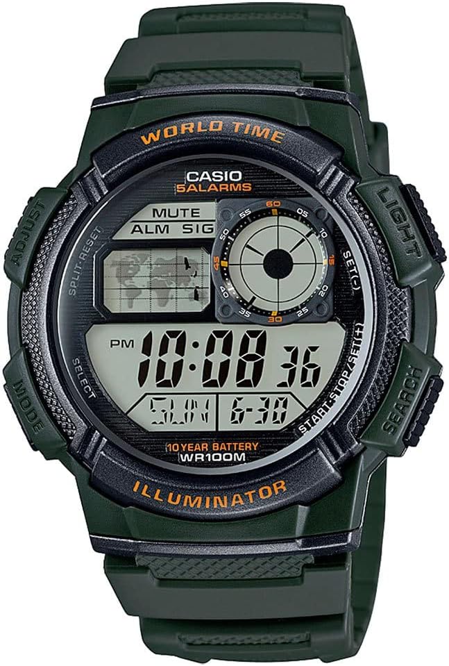 HOTCasio AE1000W Series | Men’s Digital Watch | 100M WR | Multi Alarms | 100 SEC Stopwatch | Countdown Timer | World Map for World Time | LED Light | LC Analog Display | 10 Year Battery