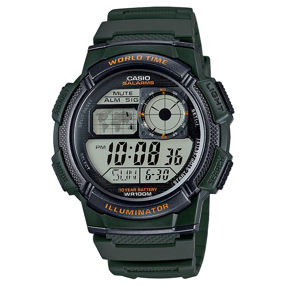 HOTCasio AE1000W Series | Men’s Digital Watch | 100M WR | Multi Alarms | 100 SEC Stopwatch | Countdown Timer | World Map for World Time | LED Light | LC Analog Display | 10 Year Battery