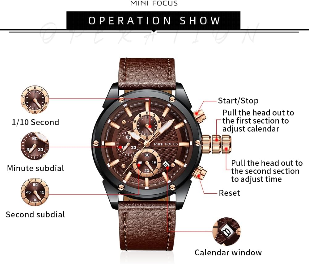 HOTMINI Focus Men Watches Business Casual Wrist Watches (Multifunction/Waterproof/Luminous/Calendar) Genuine Leather Band Fashion Watch for Men