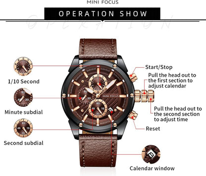 HOTMINI Focus Men Watches Business Casual Wrist Watches (Multifunction/Waterproof/Luminous/Calendar) Genuine Leather Band Fashion Watch for Men
