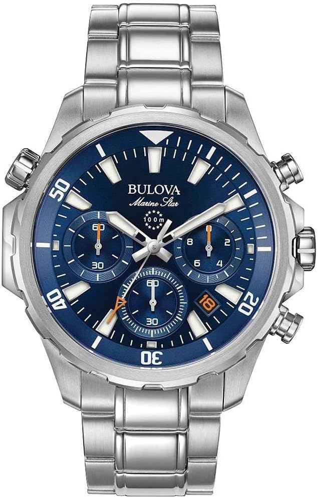 HOTBulova Men's Marine Star Series B Stainless Steel 6-Hand Chronograph Quartz Watch, Blue Dial Style: 96B256