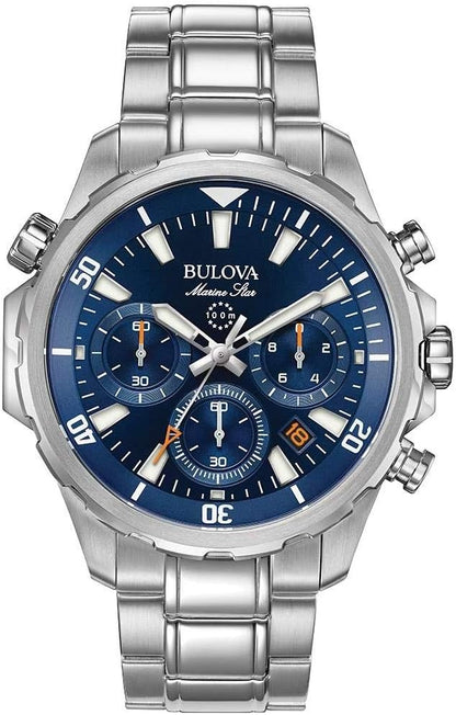 HOTBulova Men's Marine Star Series B Stainless Steel 6-Hand Chronograph Quartz Watch, Blue Dial Style: 96B256