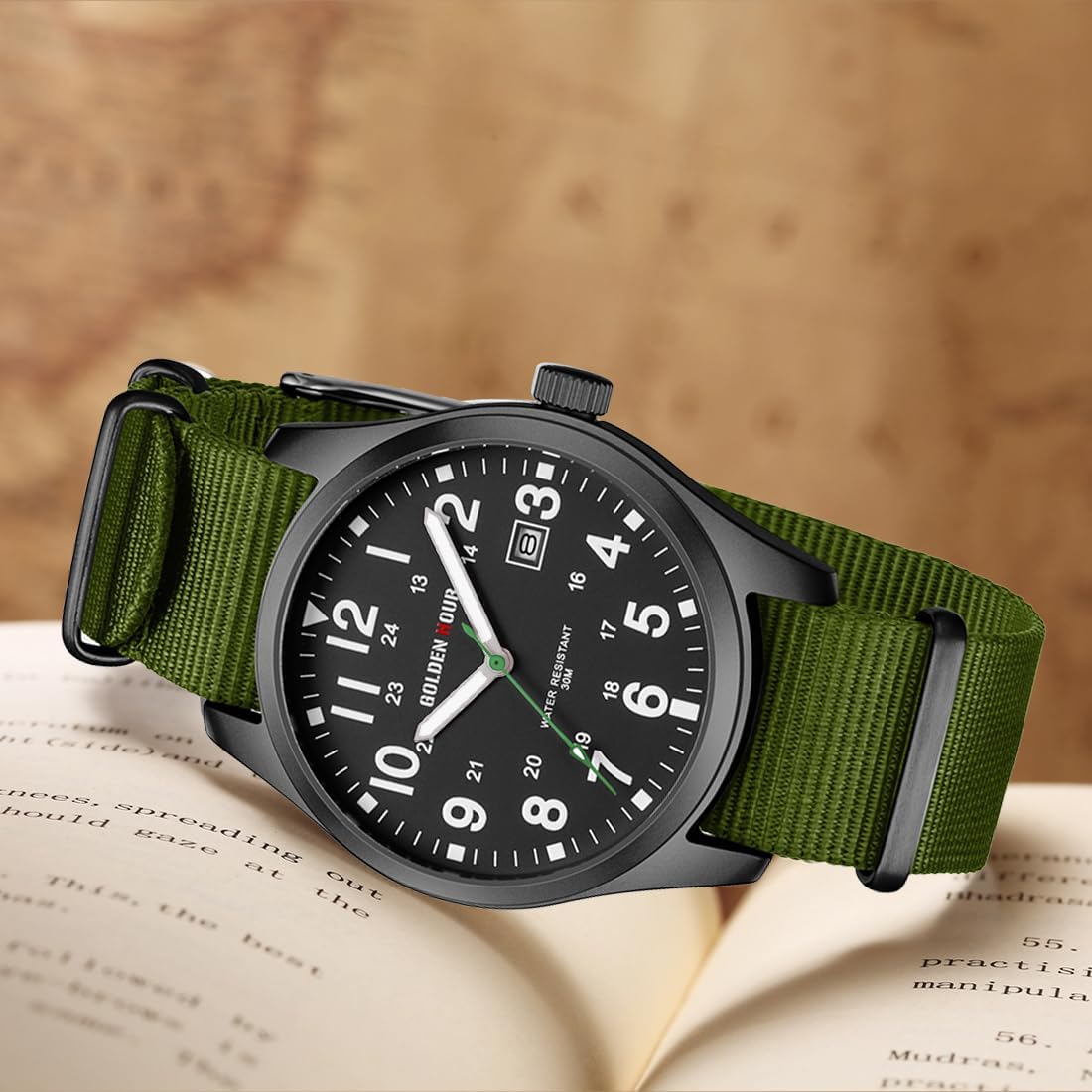 HOTGOLDEN HOUR Men's Nylon Slip-Thru Strap Watch with Military Time Easy Read Dial Glowing Hands