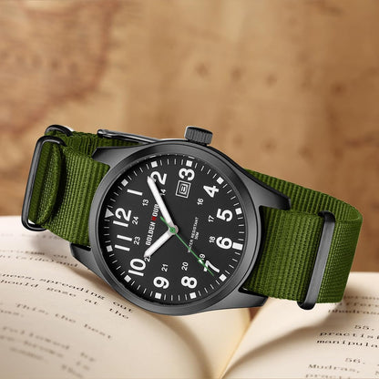 HOTGOLDEN HOUR Men's Nylon Slip-Thru Strap Watch with Military Time Easy Read Dial Glowing Hands