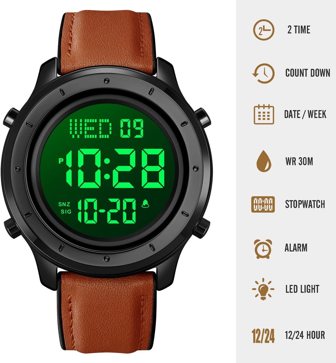 HOTMinimalist Digital Watch Men Wrist Watches Waterproof Mens Leather Watch | Large face brown black watch, Chronograph, Dual Times, 12/24 Hours, EL backlight, Digital wrist stopwatch, Reloj para hombre