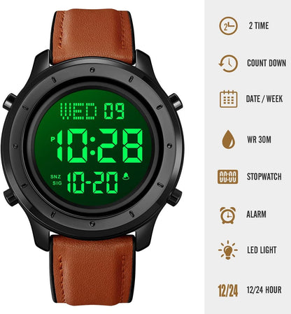 HOTMinimalist Digital Watch Men Wrist Watches Waterproof Mens Leather Watch | Large face brown black watch, Chronograph, Dual Times, 12/24 Hours, EL backlight, Digital wrist stopwatch, Reloj para hombre