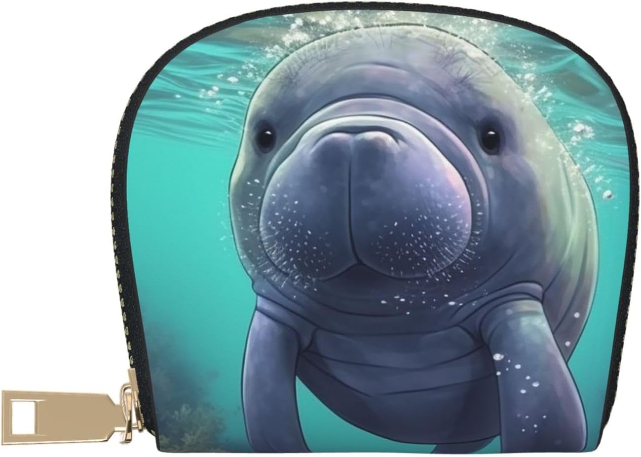 HOTLeather Credit Card Holder for Women Men Wallet Mini Coin Purse Pouch Cute Sea Animal Manatee Change Purse With Zipper Business Card Case