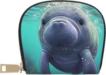 HOTLeather Credit Card Holder for Women Men Wallet Mini Coin Purse Pouch Cute Sea Animal Manatee Change Purse With Zipper Business Card Case
