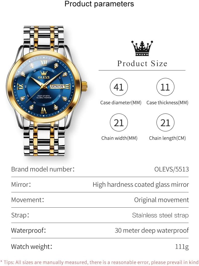 HOTOLEVS Men Watch Blue Gold Analog Quartz Stainless Steel Waterproof Luminous Date Luxury Casual Watch