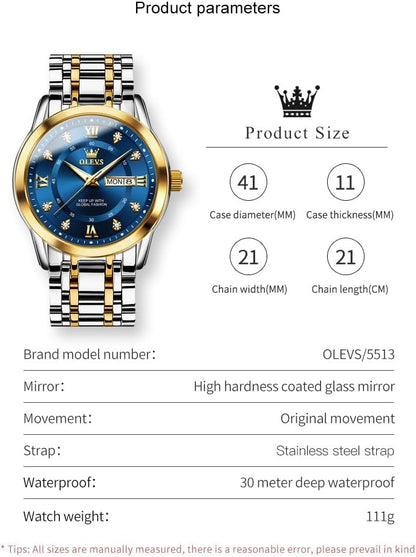 HOTOLEVS Men Watch Blue Gold Analog Quartz Stainless Steel Waterproof Luminous Date Luxury Casual Watch