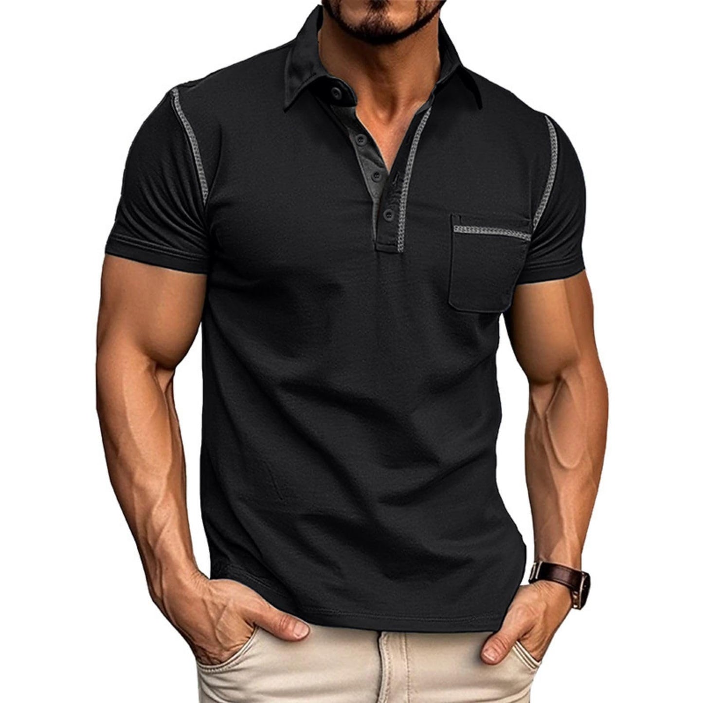 HOTMen's Fashion Polo Shirts Classic Short Sleeve Lightweight Button Cotton T-Shirt Casual Golf Tee Tops with Pocket