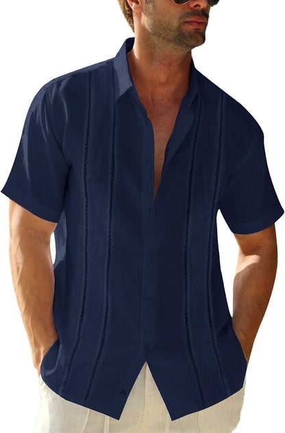 HOTRuncati Mens Short Sleeve Guayabera Shirts Linen Button Down Cuban Shirt | Cotton blend, Mexican style, Button up, Embroidered, Loose fit, Barong tagalog, Bowling shirts, for Summer Beach, Wedding