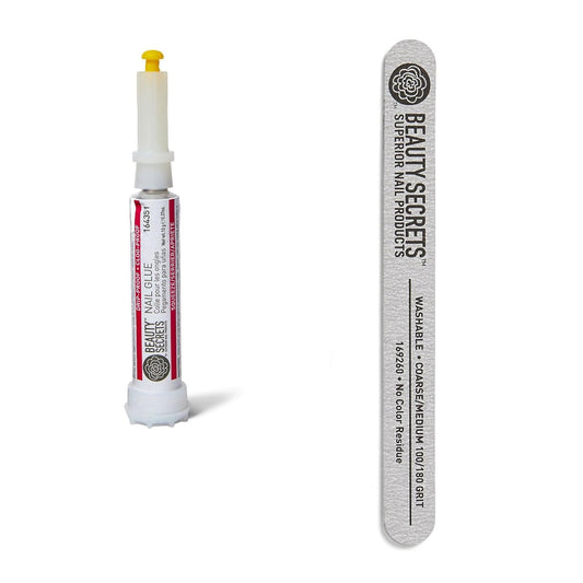 HOTBeauty Secrets Drip & Clog Proof Nail Glue (1 Pack) Bundled with Zebra Cushion Nail File Medium Coarse 180/100 Grit by Beauty Secrets