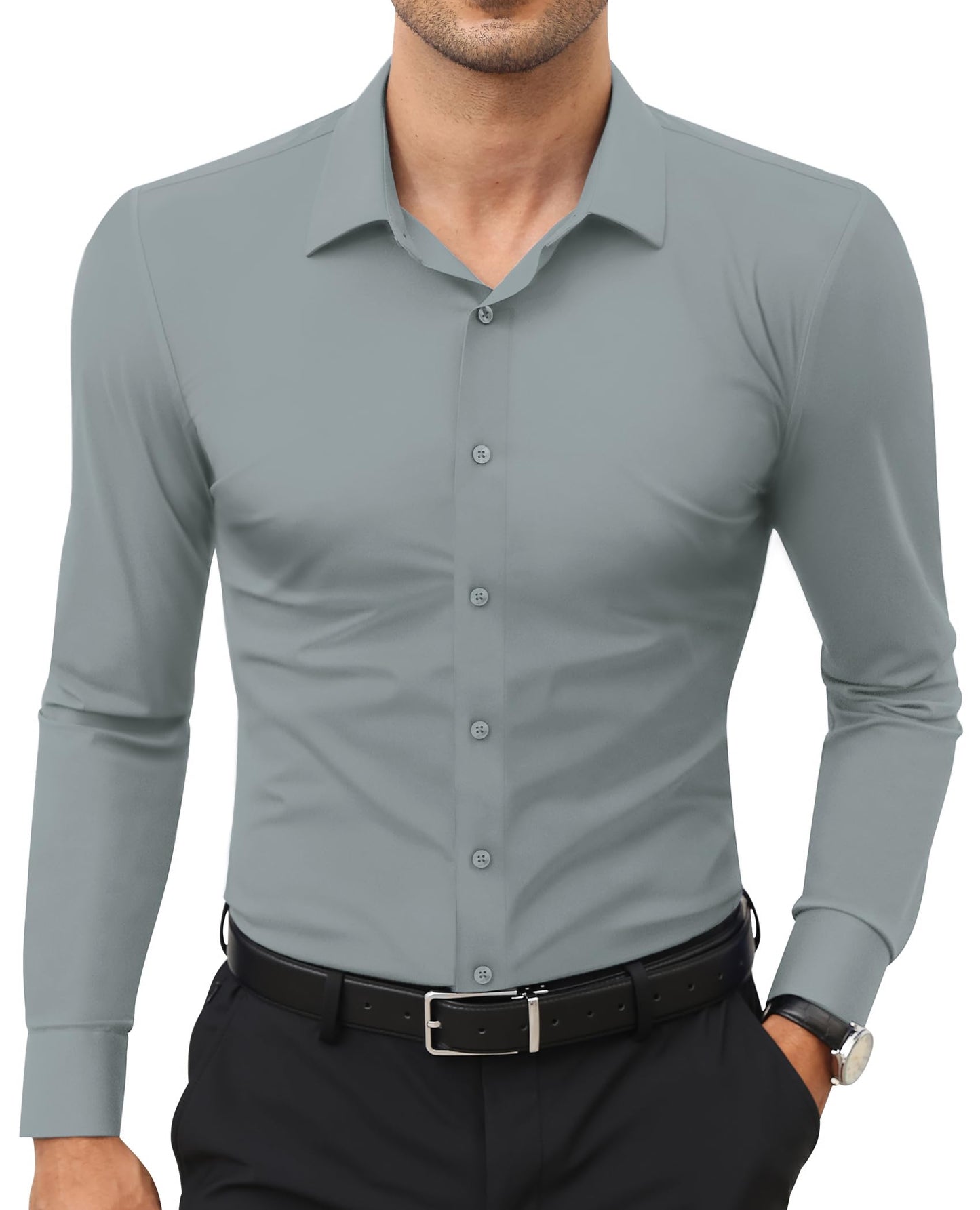 HOTLion Nardo Stretch Mens Dress Shirts Long Sleeve Slim Fit Dress Shirts for Men Muscle Fit Wrinkle Free Button Down Shirt