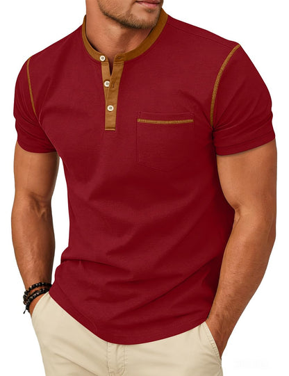 HOTMen's Henley Shirt Casual Button Short Sleeve T-Shirt Summer Patchwork Color Block Tee Shirts