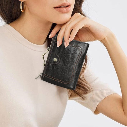 HOTCONTACTS Full Grain Leather Kiss Lock Wallet for Women Small Zipper Coin Pocket Vintage Bifold Rfid Purse Card Holder with Photo Window