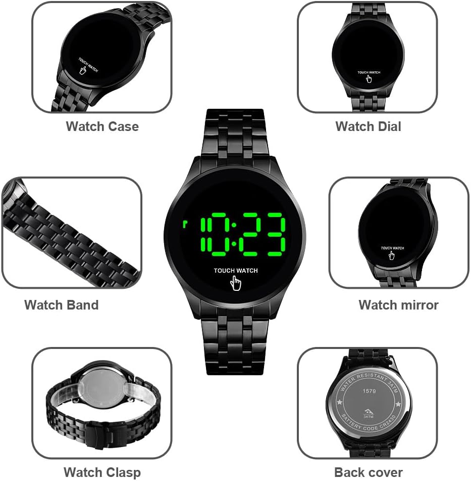 HOTPASOY Touch Screen Digital LED Watch Green Highlight Backlight Stainless Steel WatchBand Waterproof Casual Sport Mens Womens Boys Watch (Gold)