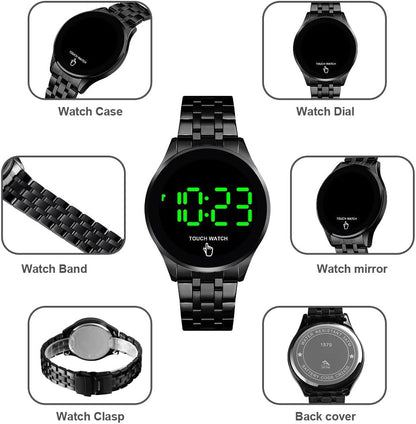 HOTPASOY Touch Screen Digital LED Watch Green Highlight Backlight Stainless Steel WatchBand Waterproof Casual Sport Mens Womens Boys Watch (Gold)