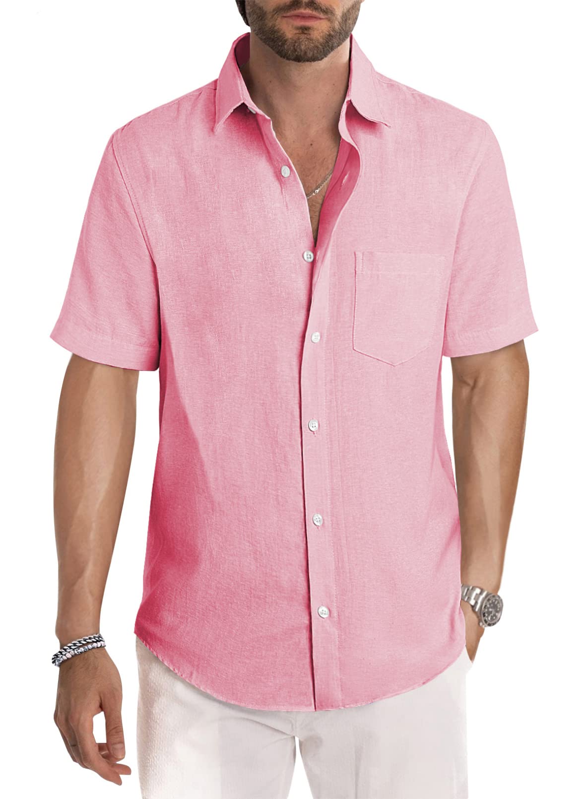 HOTJMIERR Men's Casual Stylish Short Sleeve Button-Up Striped Dress Shirt Cotton Beach Shirts