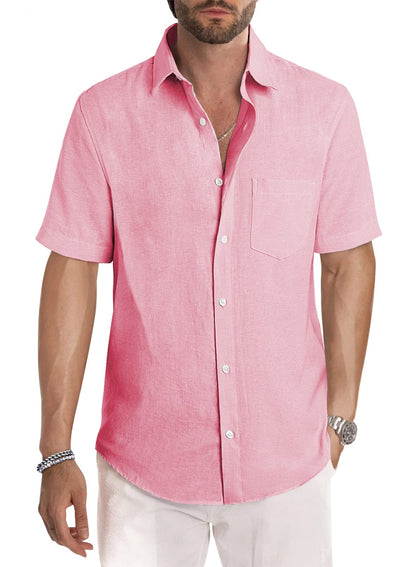 HOTJMIERR Men's Casual Stylish Short Sleeve Button-Up Striped Dress Shirt Cotton Beach Shirts