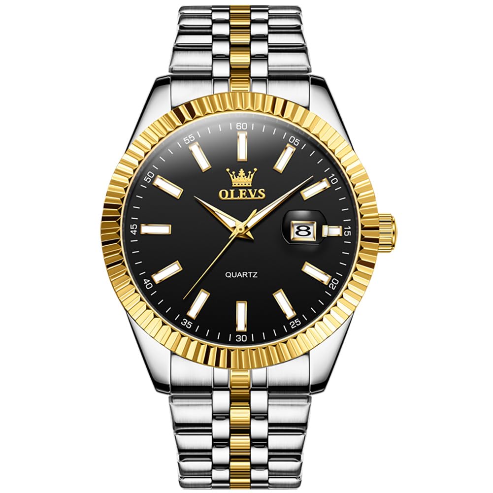 HOTOLEVS Men's Luxury Stainless Steel Watch, Big Face Gold Silver Two Tone Three Hand Analog Quartz Watch, Easy to Read Waterproof Luminous Day Date Wrist Watches for Men