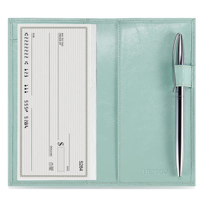 HOTHISCOW Leather Checkbook Cover for Duplicate Checks with Pen Holder | Full grain cowhide, personal check book & register pockets, removable vinyl divider, durable stitching, gifts for women men