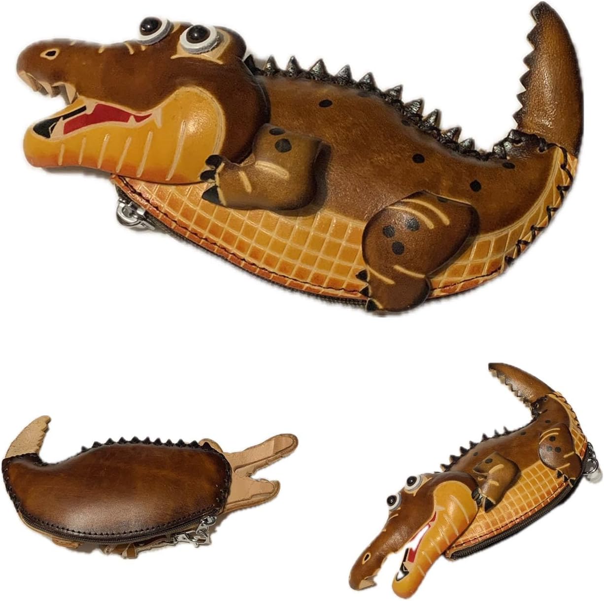 HOTHandmade Vintage Genuine Leather 3D Animal Alligator Coin Purse with Removable wrist strap (Brown)